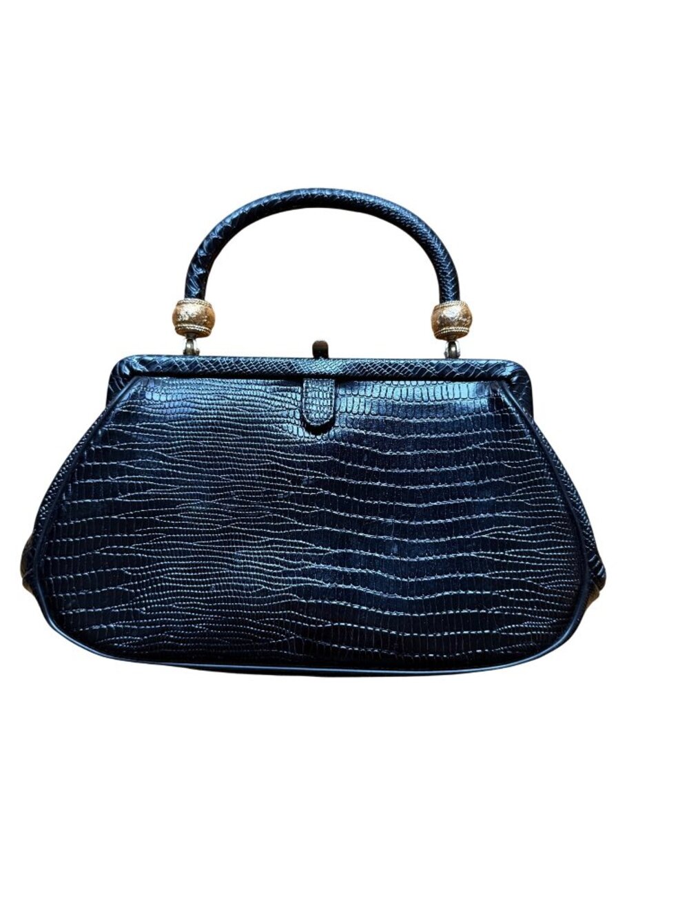 Vintage Meyers Black Faux Crocodile Handbag & Kirk Stieff Silver Compact Mirror